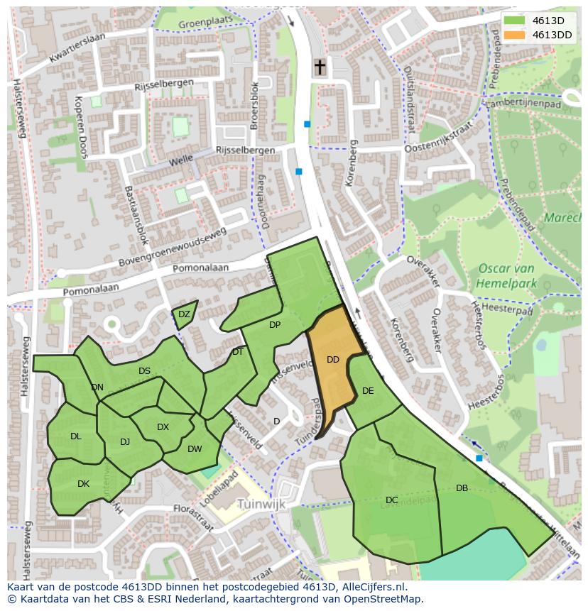 Afbeelding van het postcodegebied 4613 DD op de kaart.