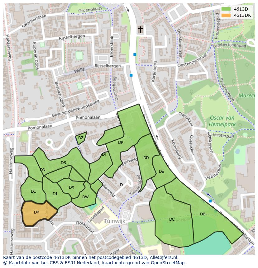 Afbeelding van het postcodegebied 4613 DK op de kaart.