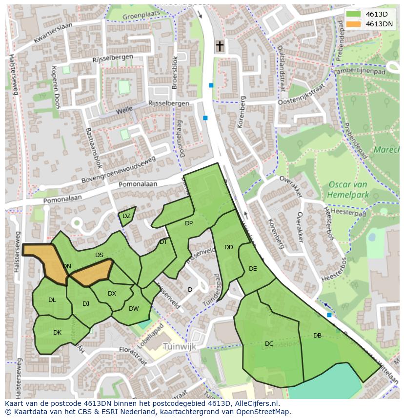 Afbeelding van het postcodegebied 4613 DN op de kaart.