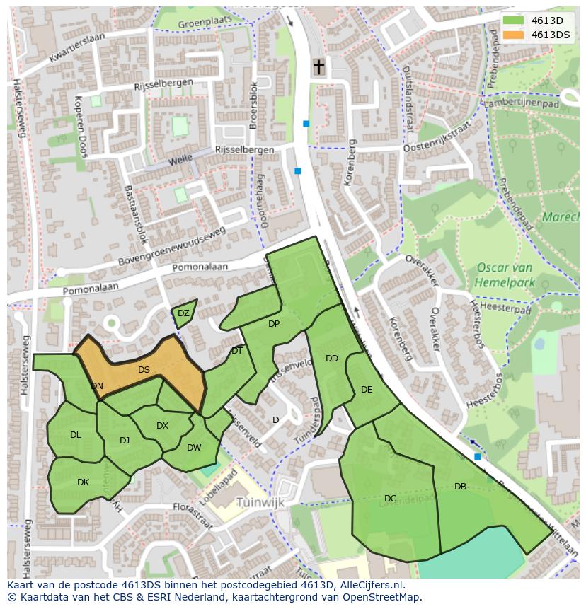 Afbeelding van het postcodegebied 4613 DS op de kaart.