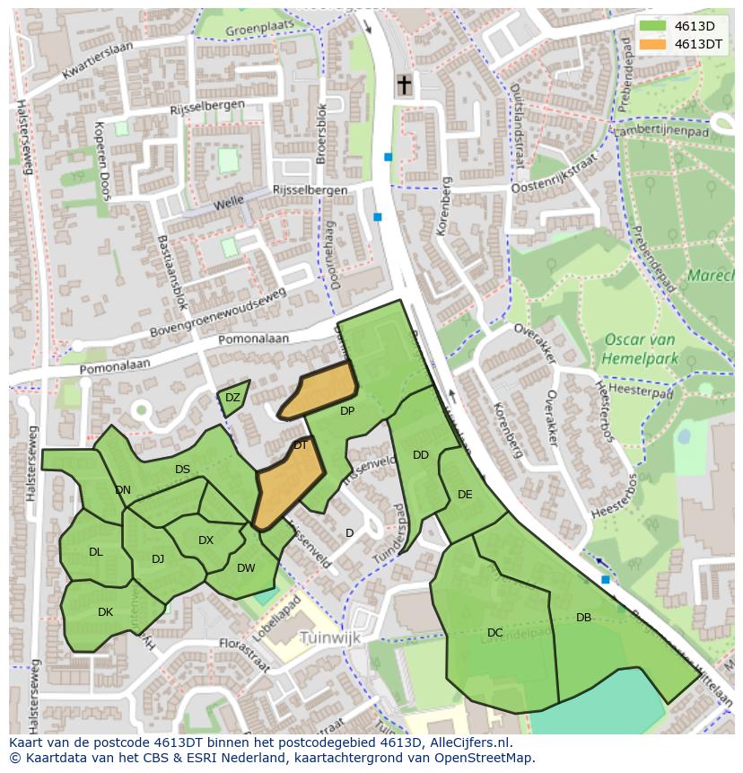 Afbeelding van het postcodegebied 4613 DT op de kaart.
