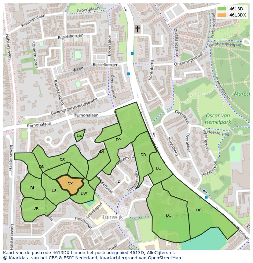 Afbeelding van het postcodegebied 4613 DX op de kaart.