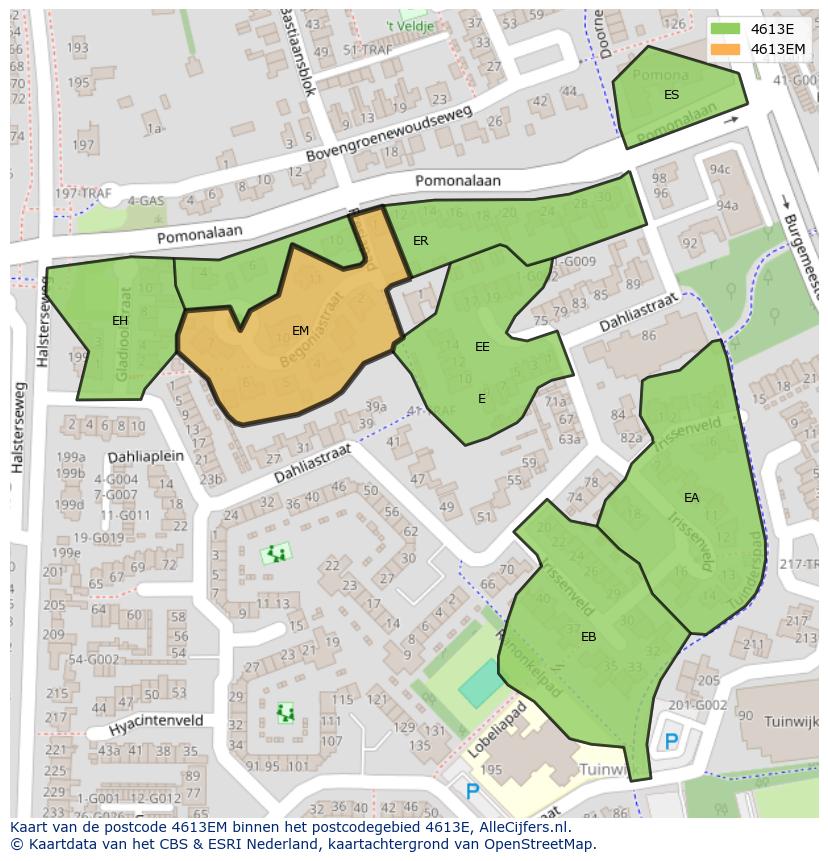 Afbeelding van het postcodegebied 4613 EM op de kaart.