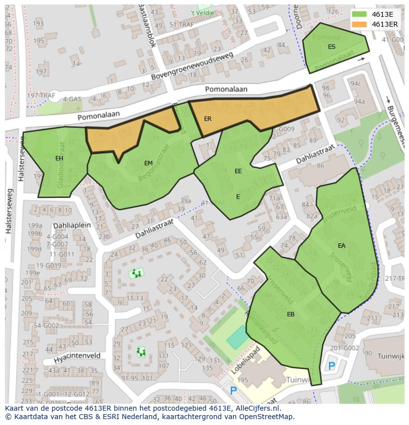 Afbeelding van het postcodegebied 4613 ER op de kaart.