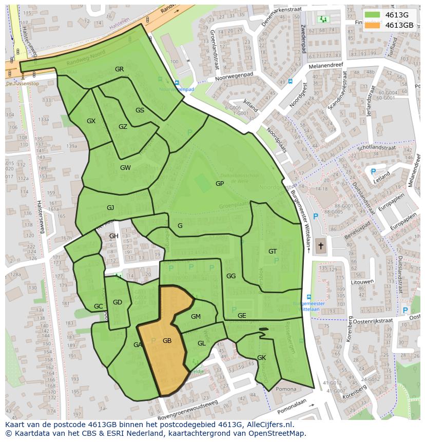 Afbeelding van het postcodegebied 4613 GB op de kaart.