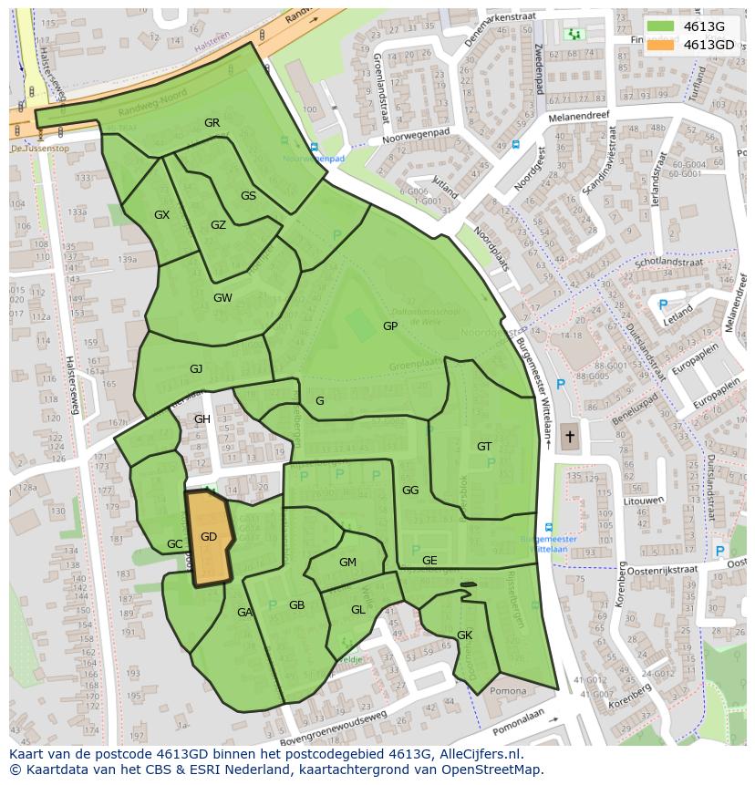 Afbeelding van het postcodegebied 4613 GD op de kaart.