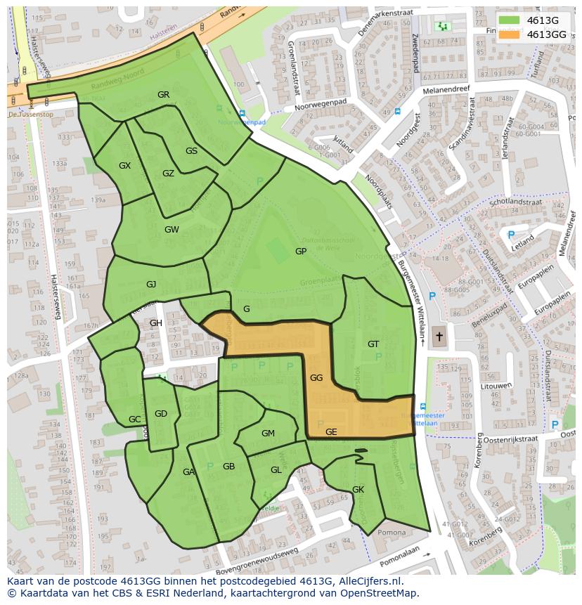 Afbeelding van het postcodegebied 4613 GG op de kaart.