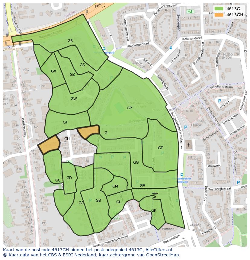 Afbeelding van het postcodegebied 4613 GH op de kaart.