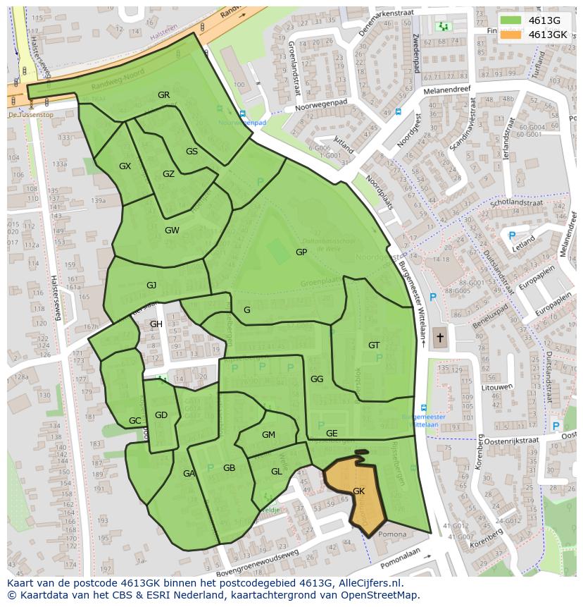 Afbeelding van het postcodegebied 4613 GK op de kaart.