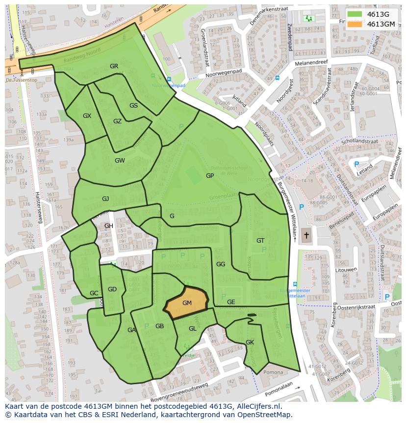 Afbeelding van het postcodegebied 4613 GM op de kaart.