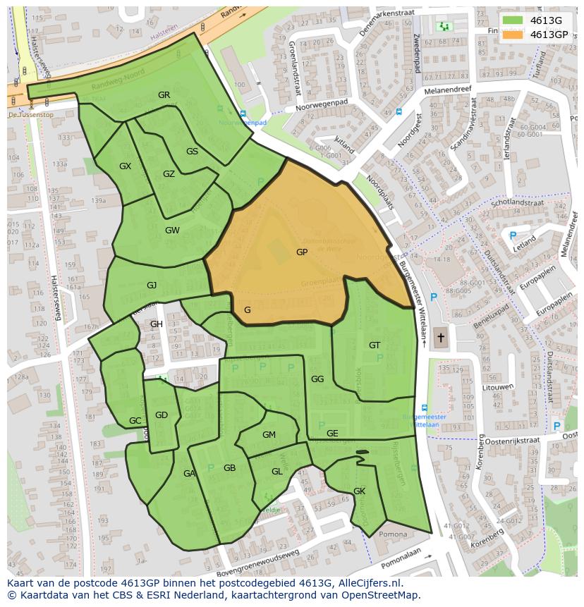 Afbeelding van het postcodegebied 4613 GP op de kaart.