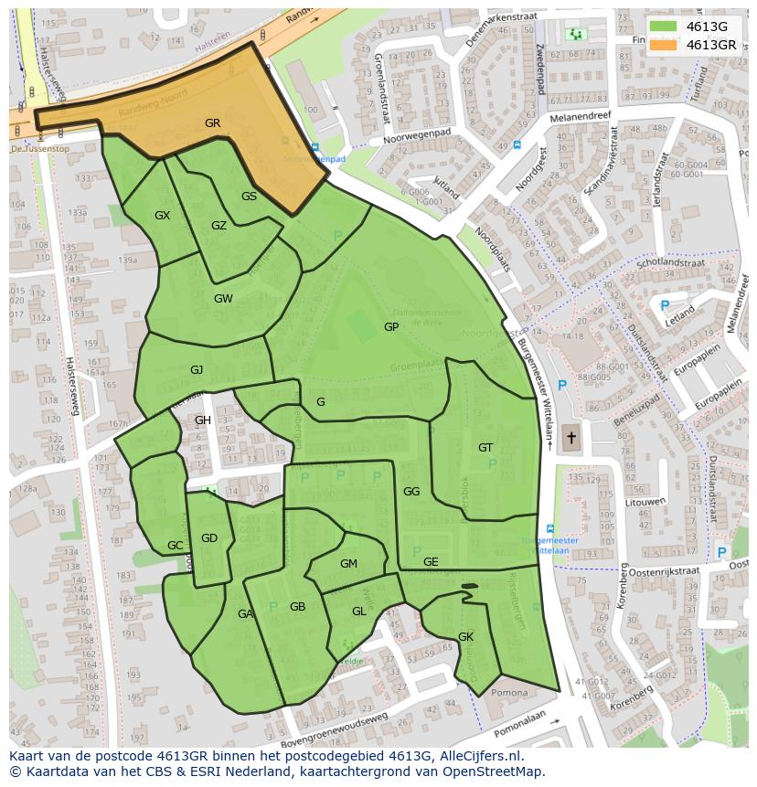 Afbeelding van het postcodegebied 4613 GR op de kaart.