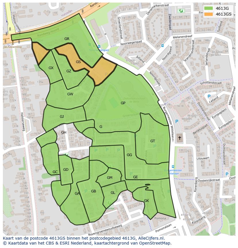Afbeelding van het postcodegebied 4613 GS op de kaart.