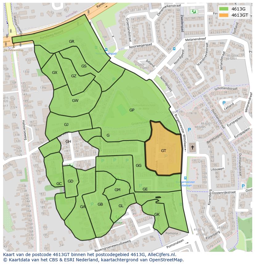 Afbeelding van het postcodegebied 4613 GT op de kaart.