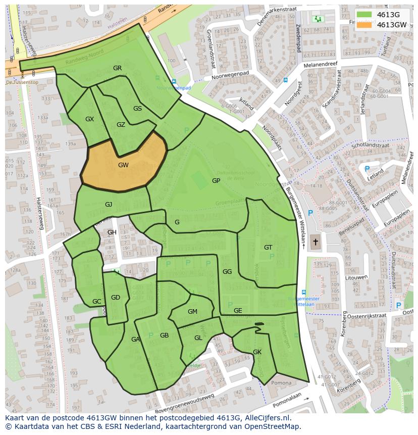 Afbeelding van het postcodegebied 4613 GW op de kaart.