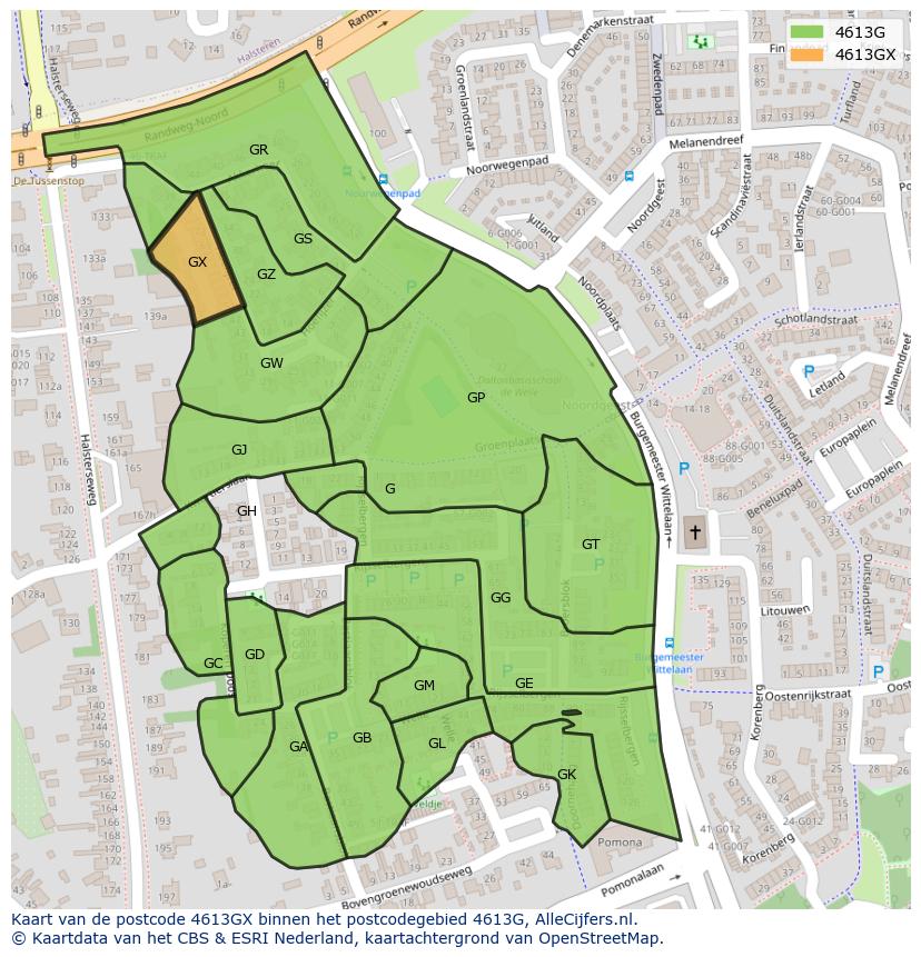 Afbeelding van het postcodegebied 4613 GX op de kaart.