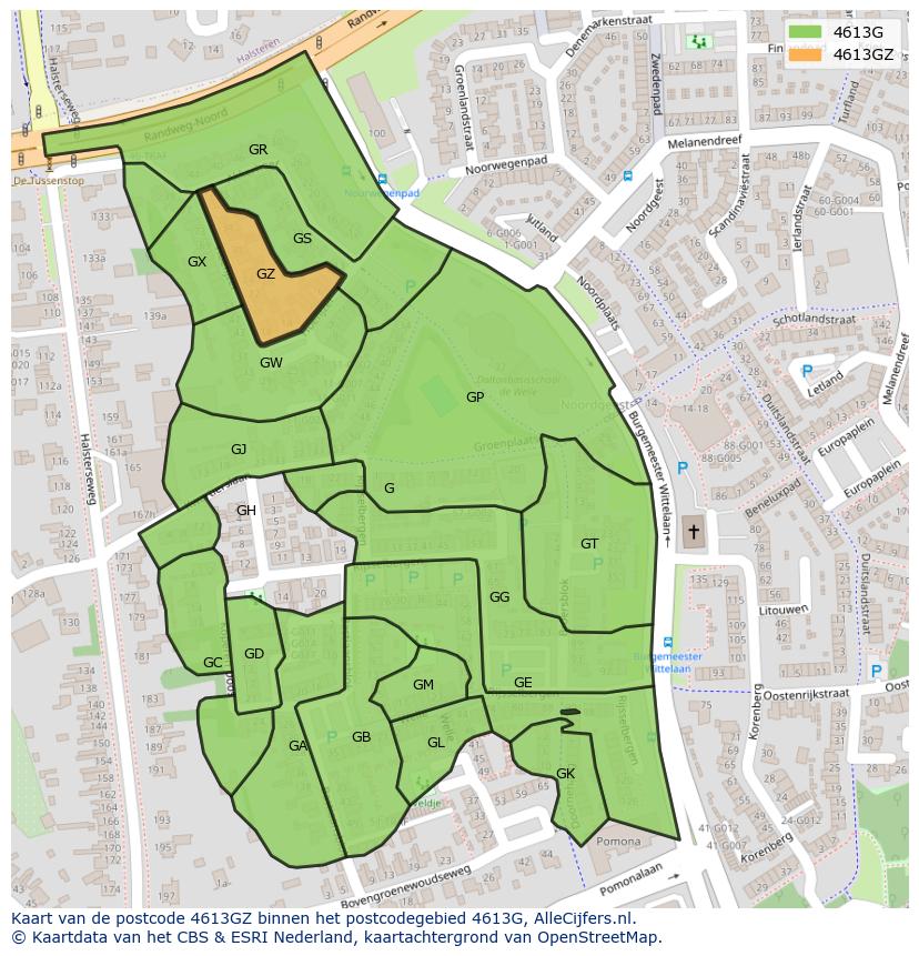 Afbeelding van het postcodegebied 4613 GZ op de kaart.