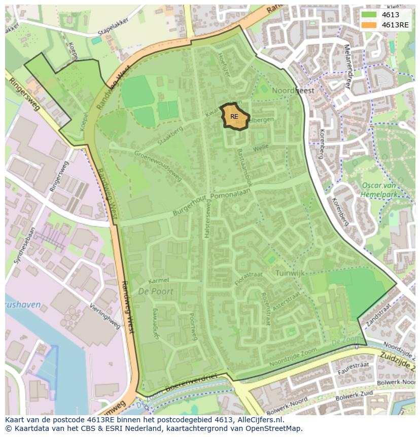 Afbeelding van het postcodegebied 4613 RE op de kaart.
