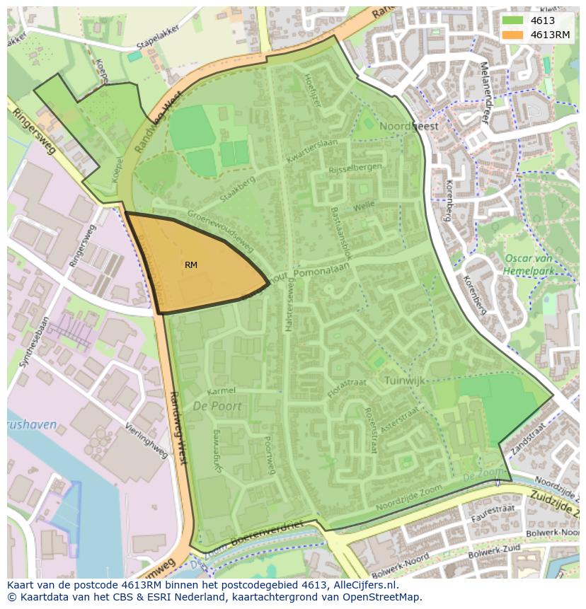 Afbeelding van het postcodegebied 4613 RM op de kaart.
