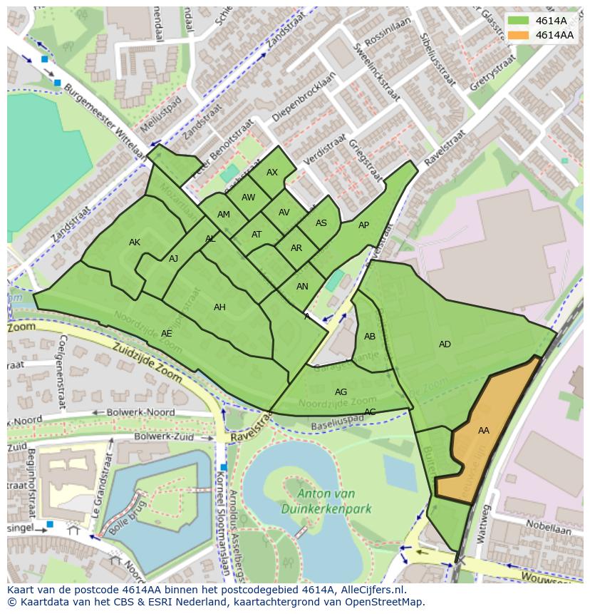 Afbeelding van het postcodegebied 4614 AA op de kaart.