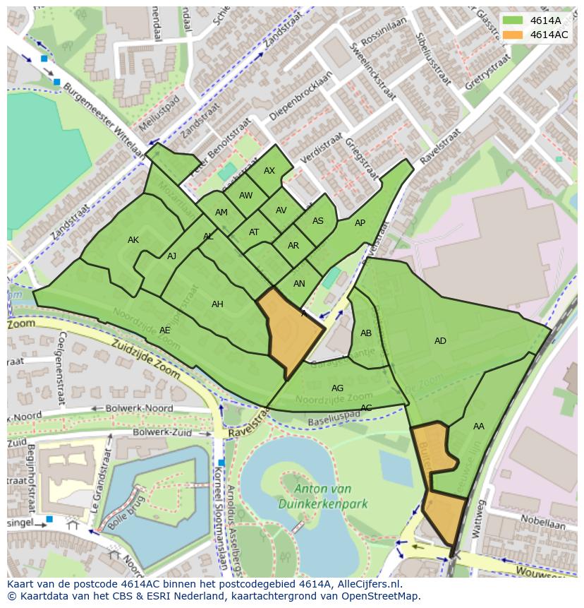 Afbeelding van het postcodegebied 4614 AC op de kaart.