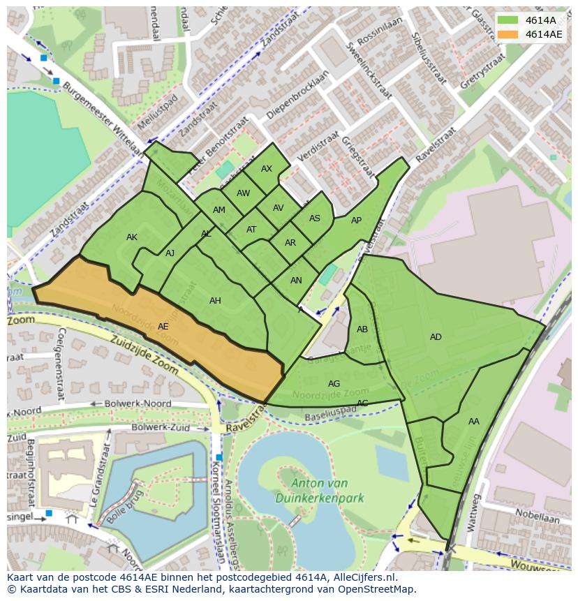 Afbeelding van het postcodegebied 4614 AE op de kaart.