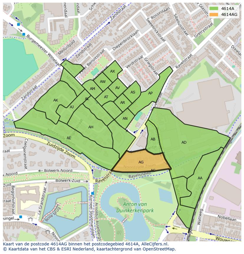 Afbeelding van het postcodegebied 4614 AG op de kaart.