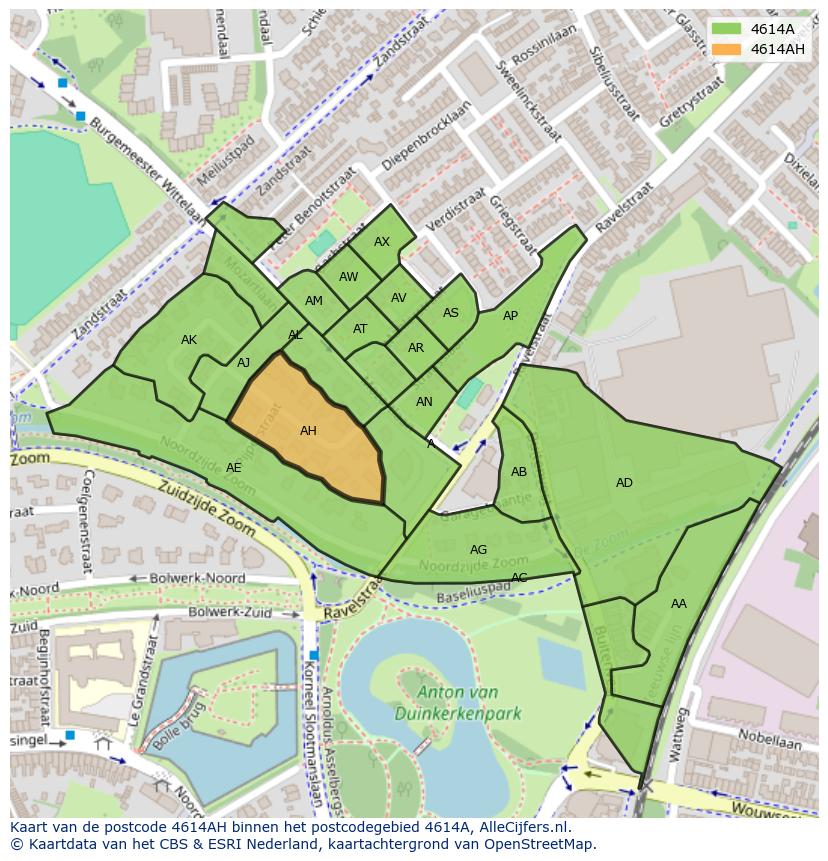 Afbeelding van het postcodegebied 4614 AH op de kaart.