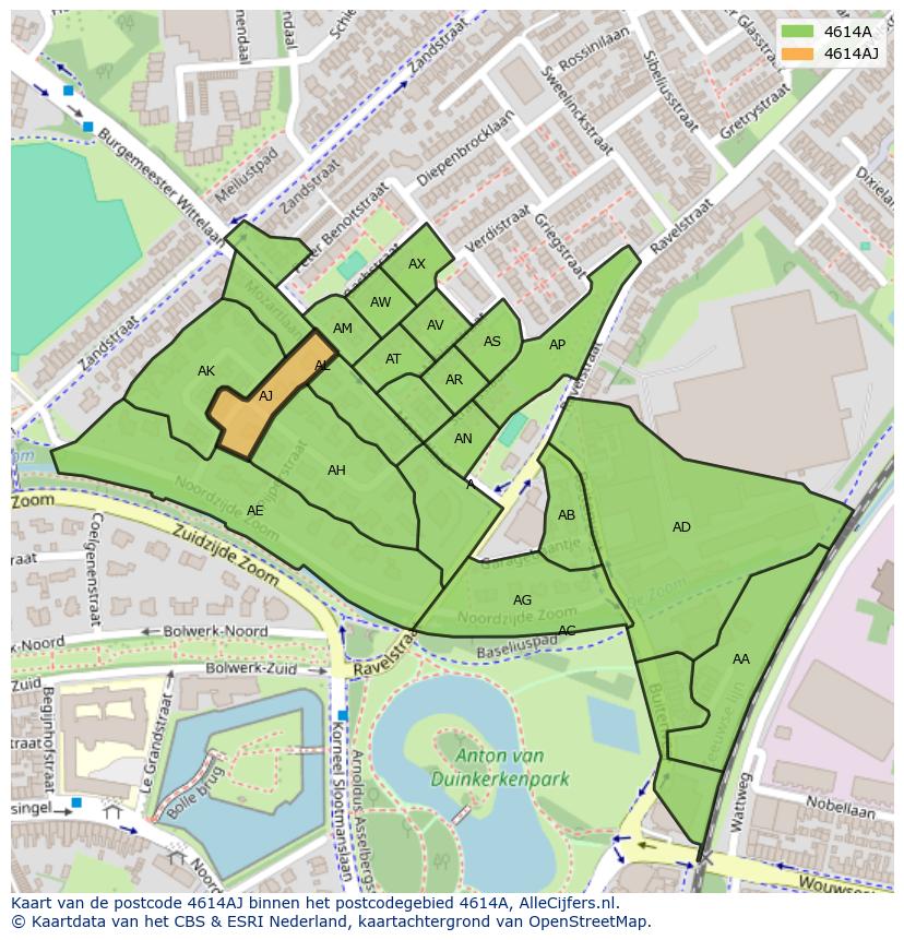 Afbeelding van het postcodegebied 4614 AJ op de kaart.