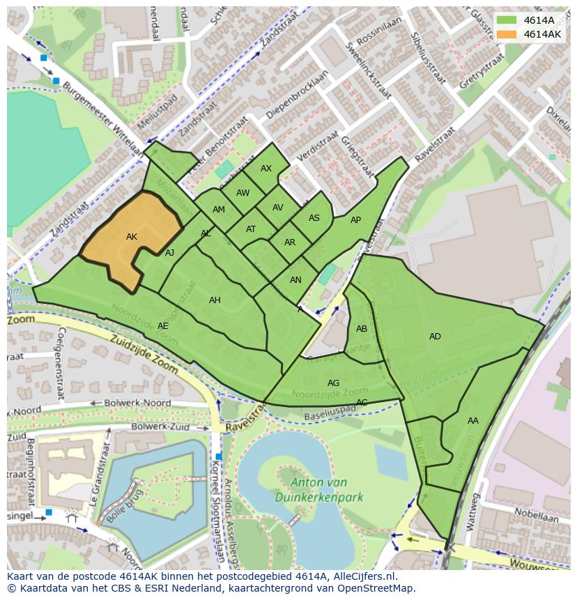 Afbeelding van het postcodegebied 4614 AK op de kaart.