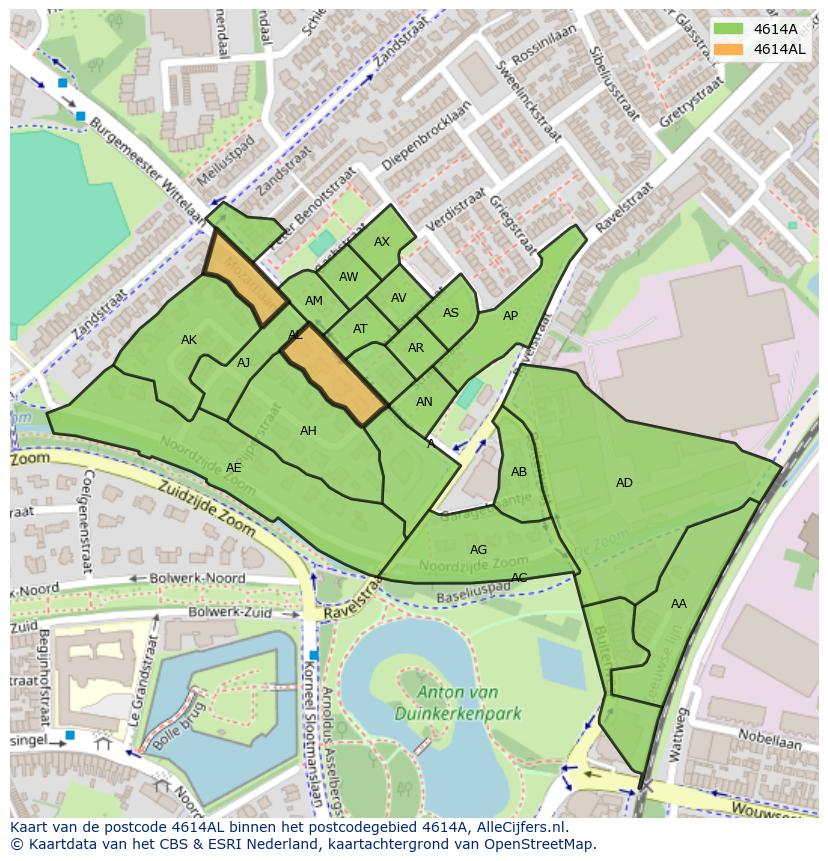 Afbeelding van het postcodegebied 4614 AL op de kaart.