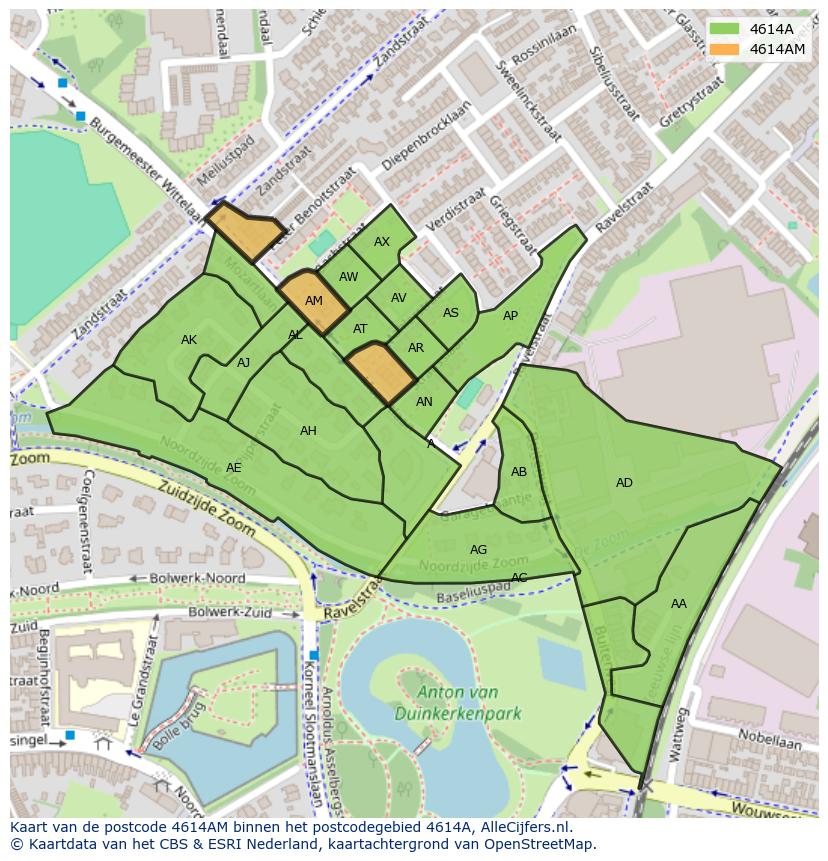 Afbeelding van het postcodegebied 4614 AM op de kaart.