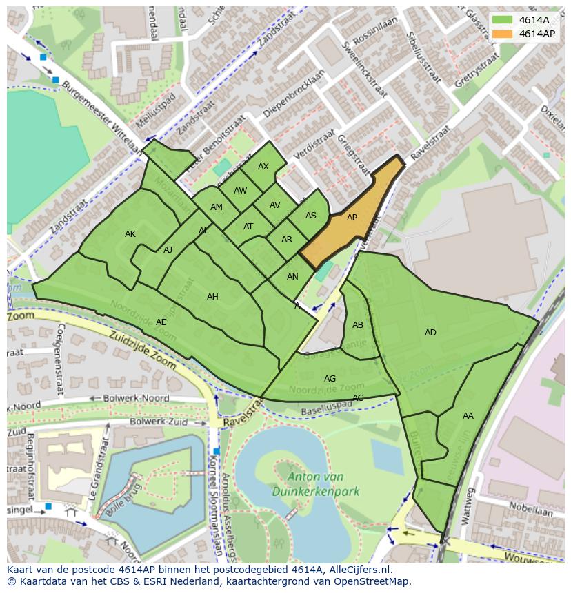 Afbeelding van het postcodegebied 4614 AP op de kaart.