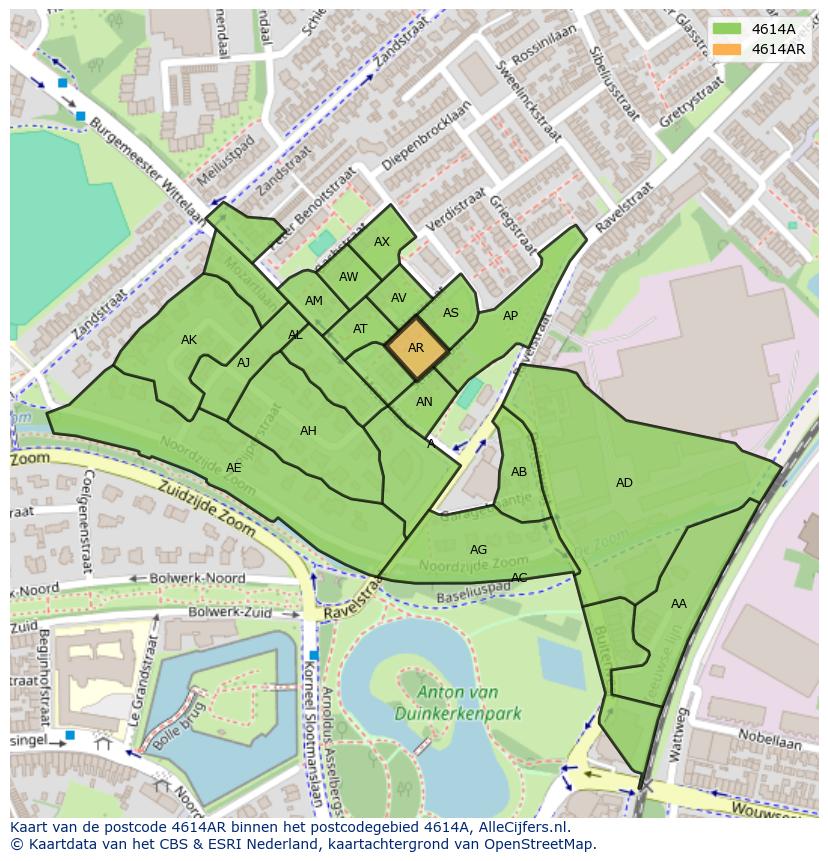 Afbeelding van het postcodegebied 4614 AR op de kaart.