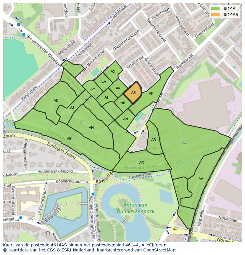 Afbeelding van het postcodegebied 4614 AS op de kaart.