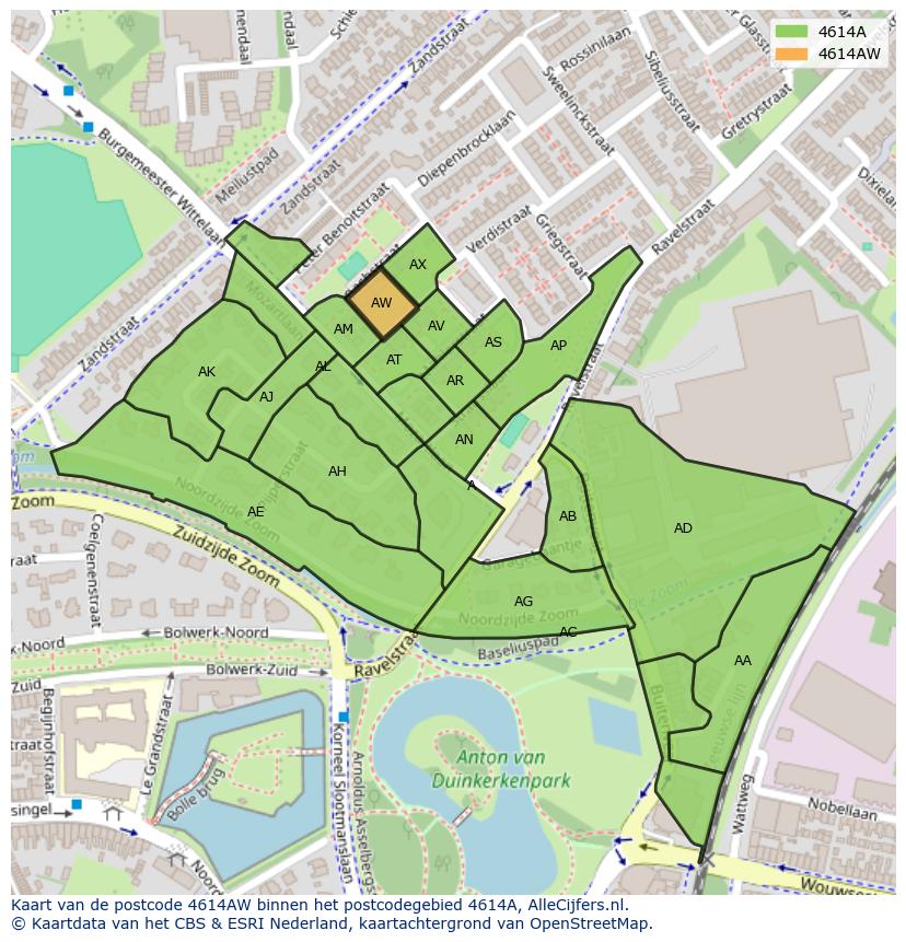 Afbeelding van het postcodegebied 4614 AW op de kaart.