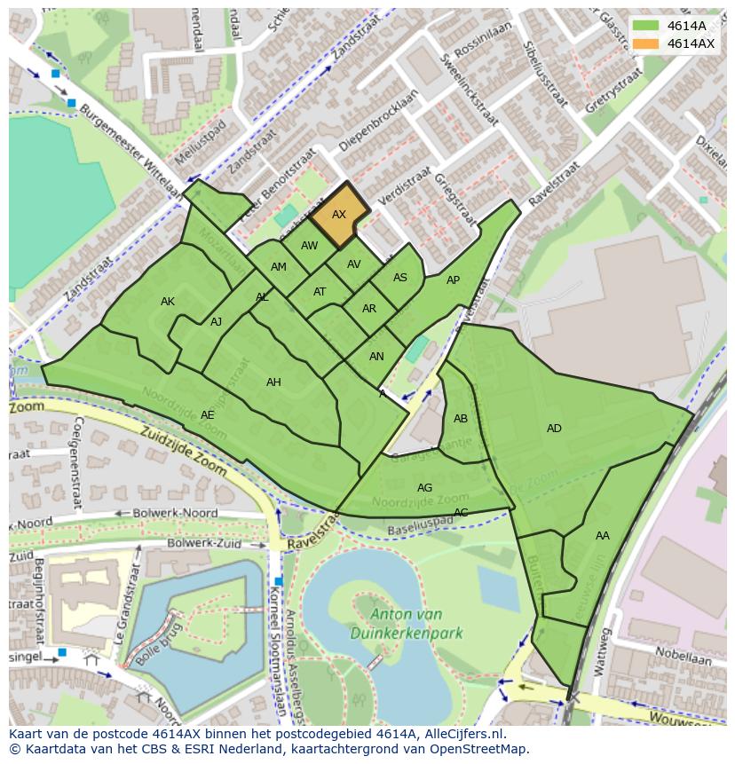 Afbeelding van het postcodegebied 4614 AX op de kaart.