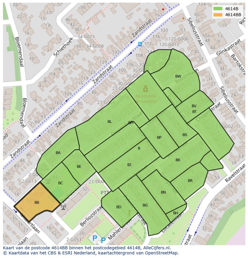 Afbeelding van het postcodegebied 4614 BB op de kaart.