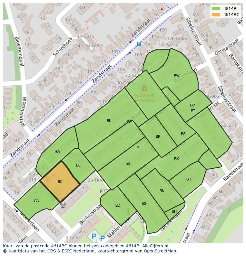 Afbeelding van het postcodegebied 4614 BC op de kaart.