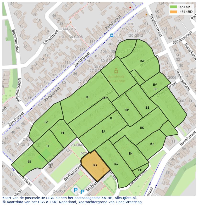 Afbeelding van het postcodegebied 4614 BD op de kaart.