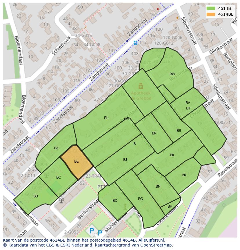 Afbeelding van het postcodegebied 4614 BE op de kaart.