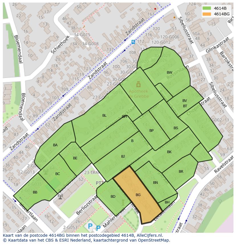Afbeelding van het postcodegebied 4614 BG op de kaart.