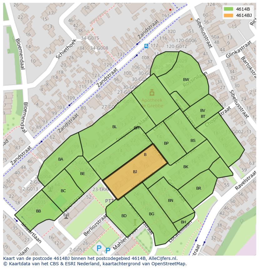 Afbeelding van het postcodegebied 4614 BJ op de kaart.