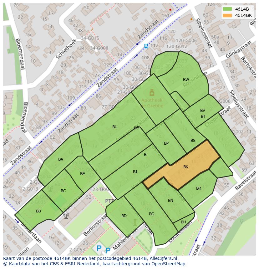 Afbeelding van het postcodegebied 4614 BK op de kaart.