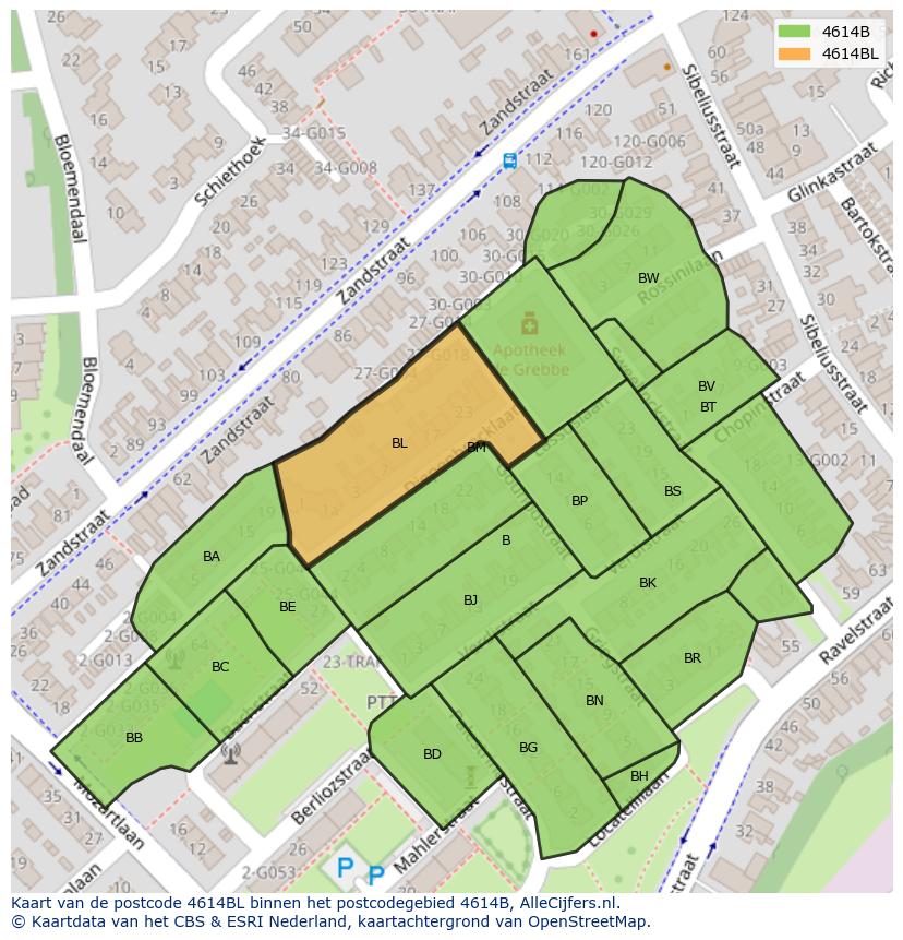 Afbeelding van het postcodegebied 4614 BL op de kaart.