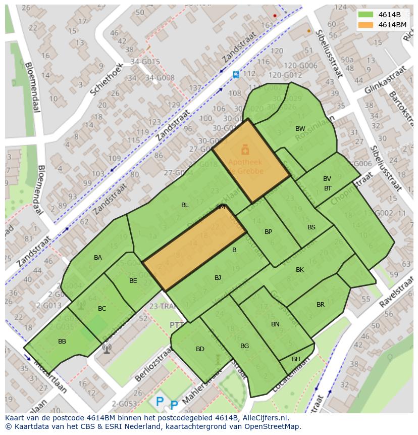Afbeelding van het postcodegebied 4614 BM op de kaart.