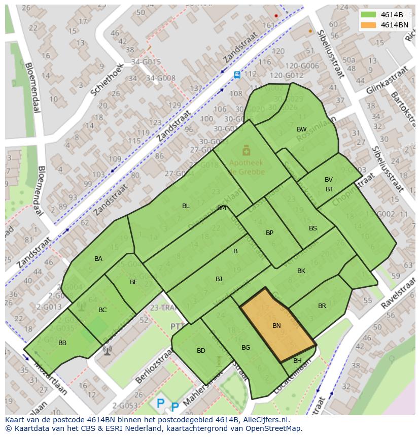 Afbeelding van het postcodegebied 4614 BN op de kaart.