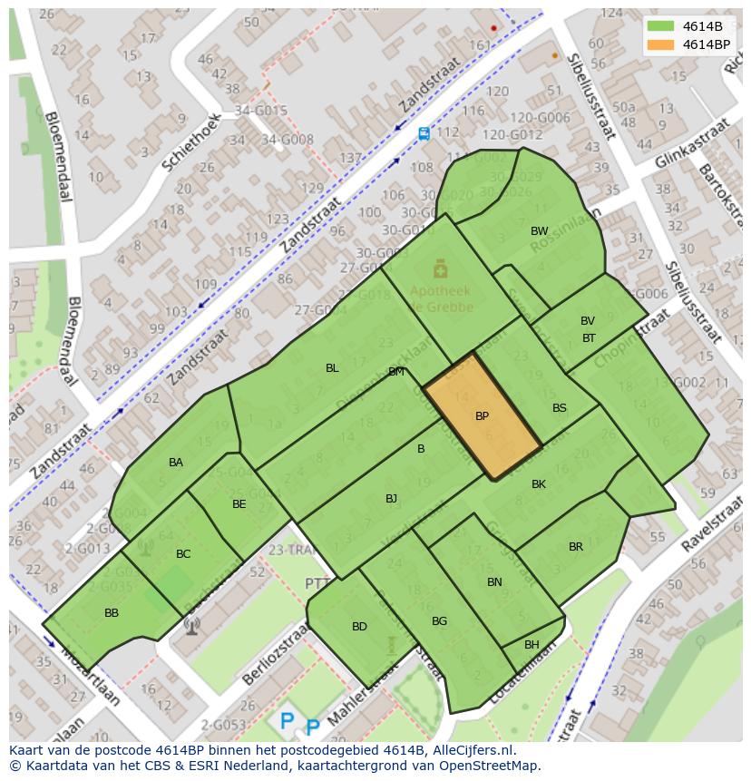 Afbeelding van het postcodegebied 4614 BP op de kaart.