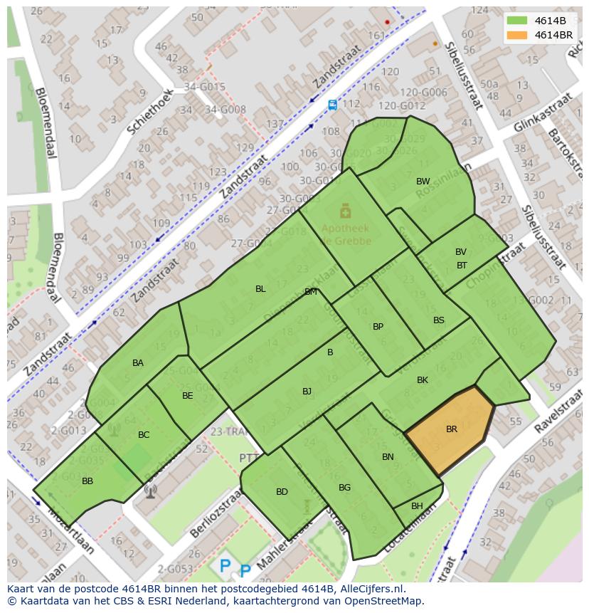 Afbeelding van het postcodegebied 4614 BR op de kaart.