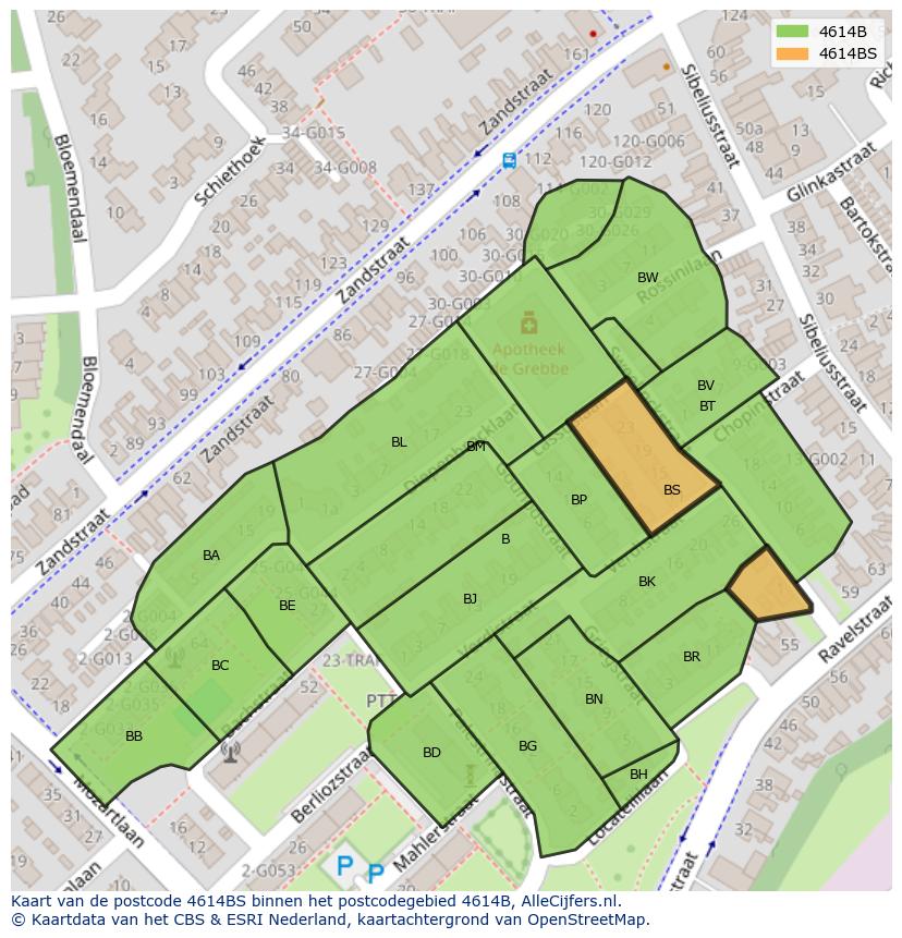 Afbeelding van het postcodegebied 4614 BS op de kaart.